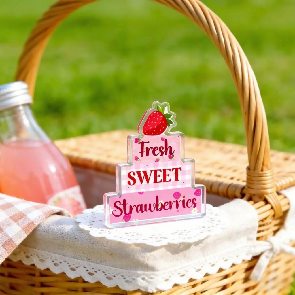 Acrylic Strawberry Decor Plaque Desk Decoration Sign Summer Gifts Decor For Kitchen Bathroom Farmhouse Table Home Office Fake photo 5