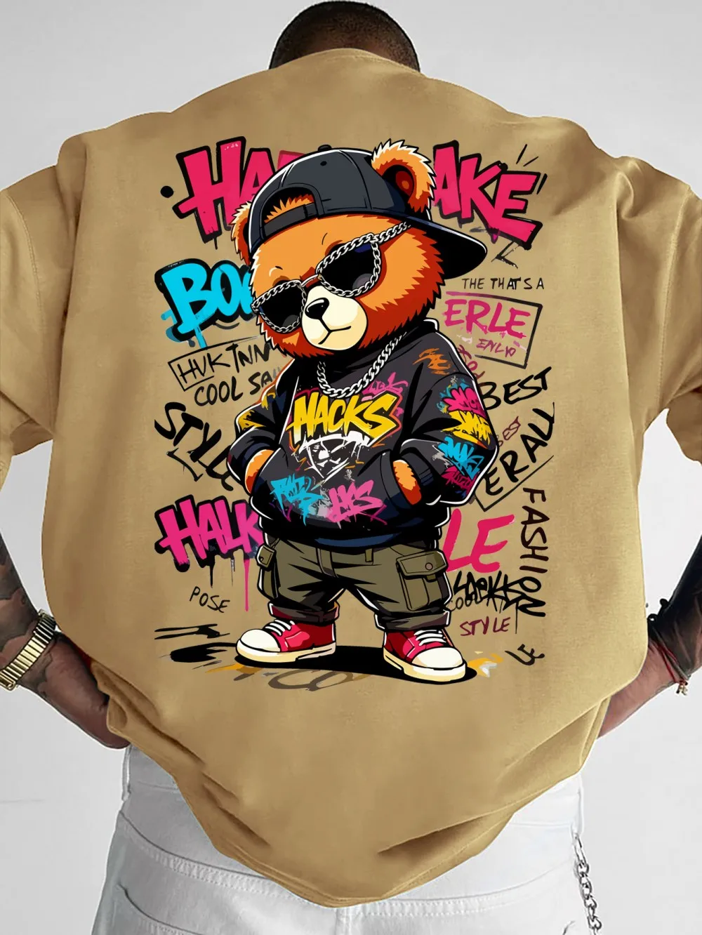 European and American Men's Summer Teddy Bear Graffiti Print Comfortable and Breathable Round Neck T-Shirt Outdoor Street Top photo 3