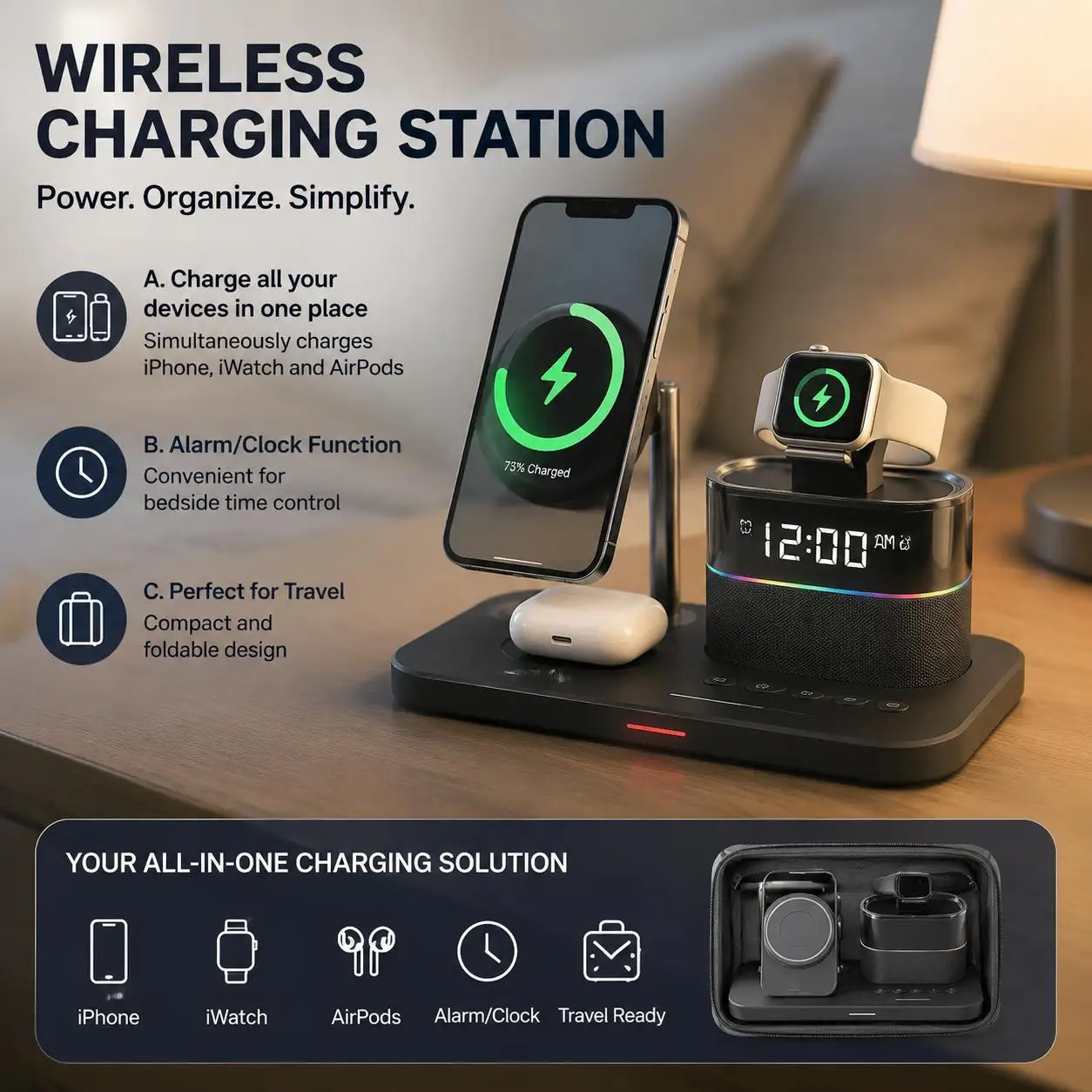 Magnetic Wireless Charging Station for Phone Series 12 13 14 15 16 17 and Watch Ultra 8 7 6 5 Earbuds Charger Stand Multi Device Charging Pad for Desk Home Office Travel Supports Fast 15W Charging for Phones and 5W for Wearables and 360 Degree Desk Stand photo 1