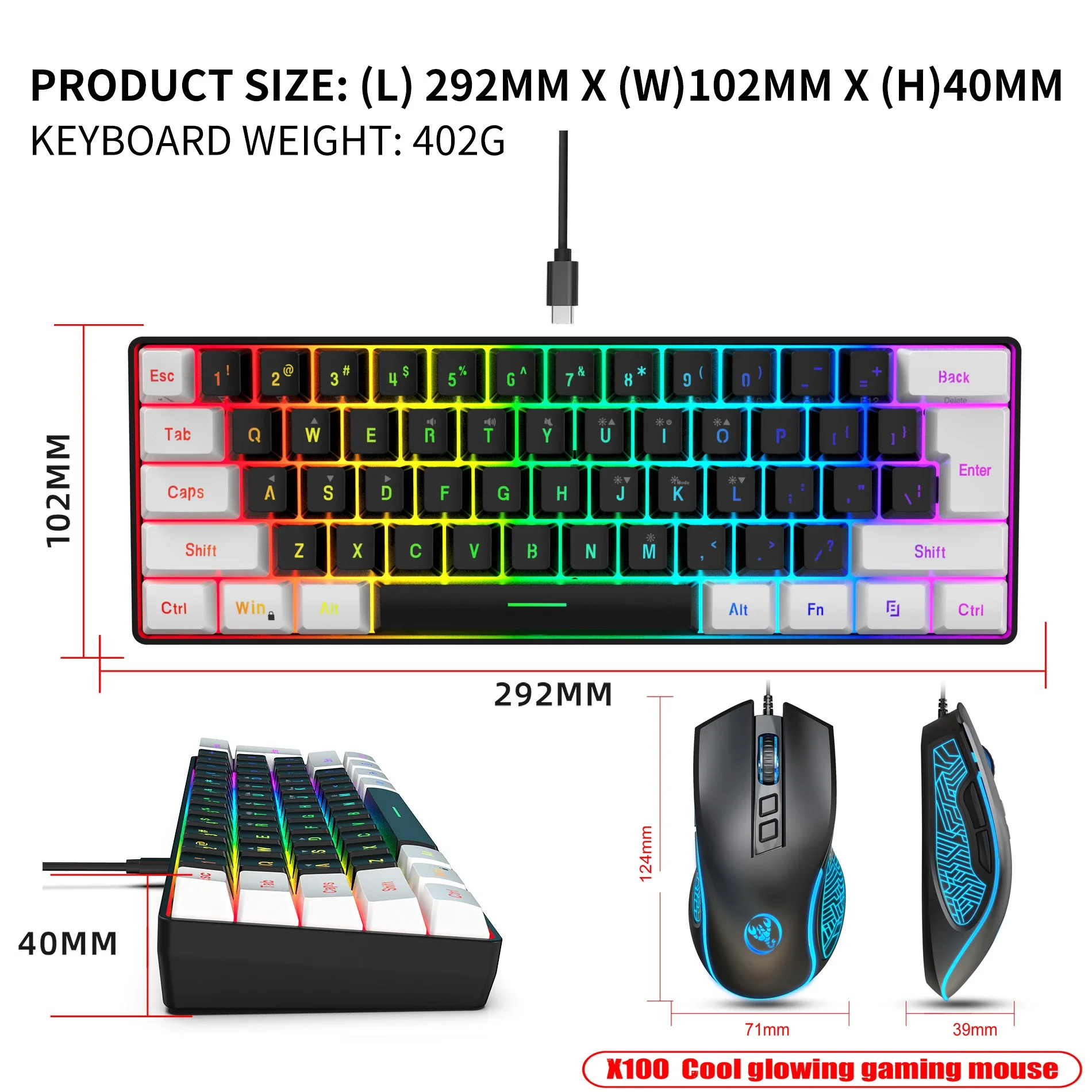 Keyboard and mouse 60%RGB gaming pc usb combo backlit keyboards kit mini gamer wired key board and mouse set computer whiteblack photo 6