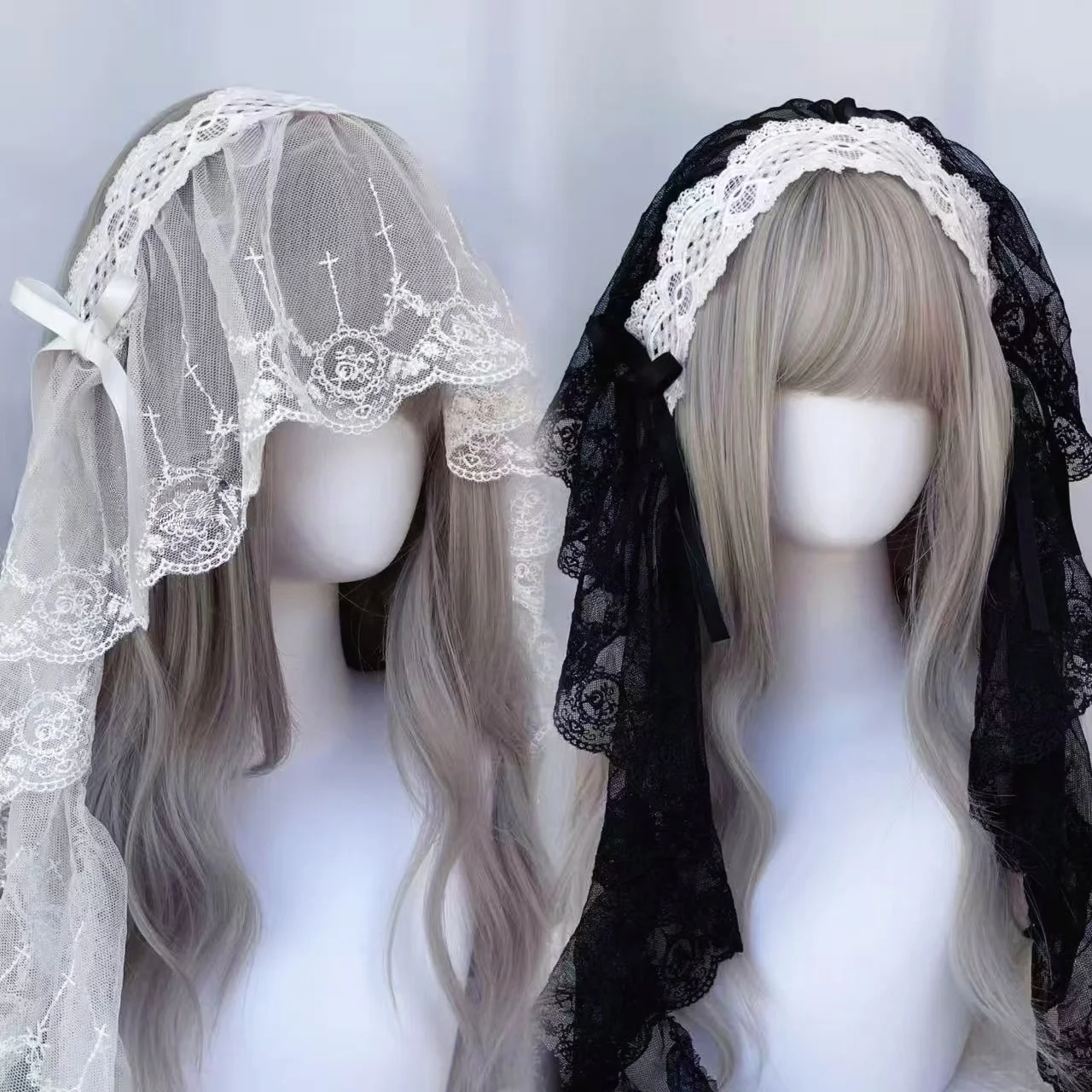 Gothic Harajuku Lolita Black and White Lace Headband Women's Veil Cosplay Headwear Female Sweet Halloween Hair Accessory photo 1