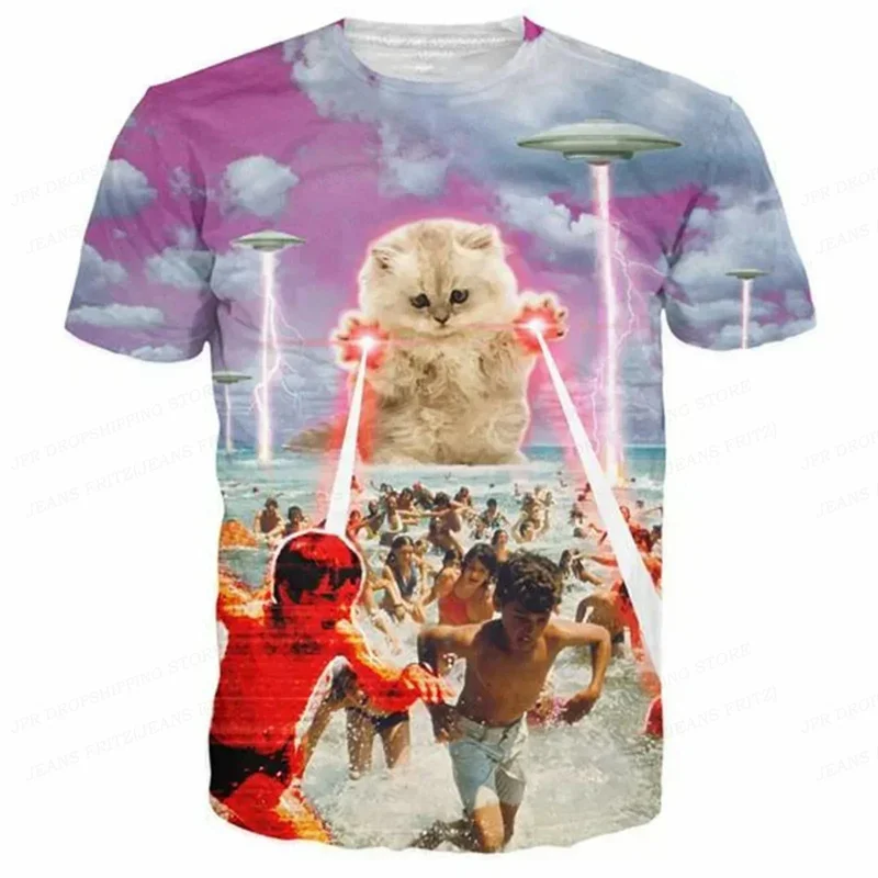 3D Printed Funny Cat T Shirt For Men Animal Food Pattern Tees Summer Street Oversize Short Sleeve Tops Loose Round Neck T-Shirts photo 8