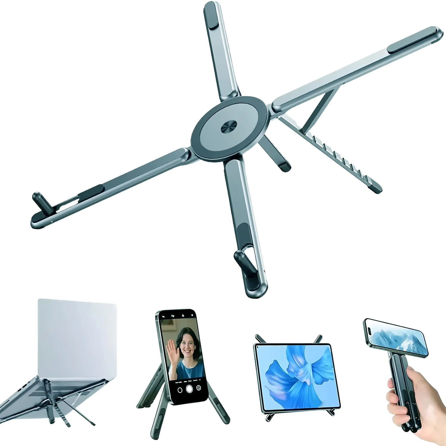 3 in 1 Foldable Laptop Stand Magnetic Phone Holder Portable Desk Mount with Tripod Handle for Pro iPad Travel Vlogging photo 2