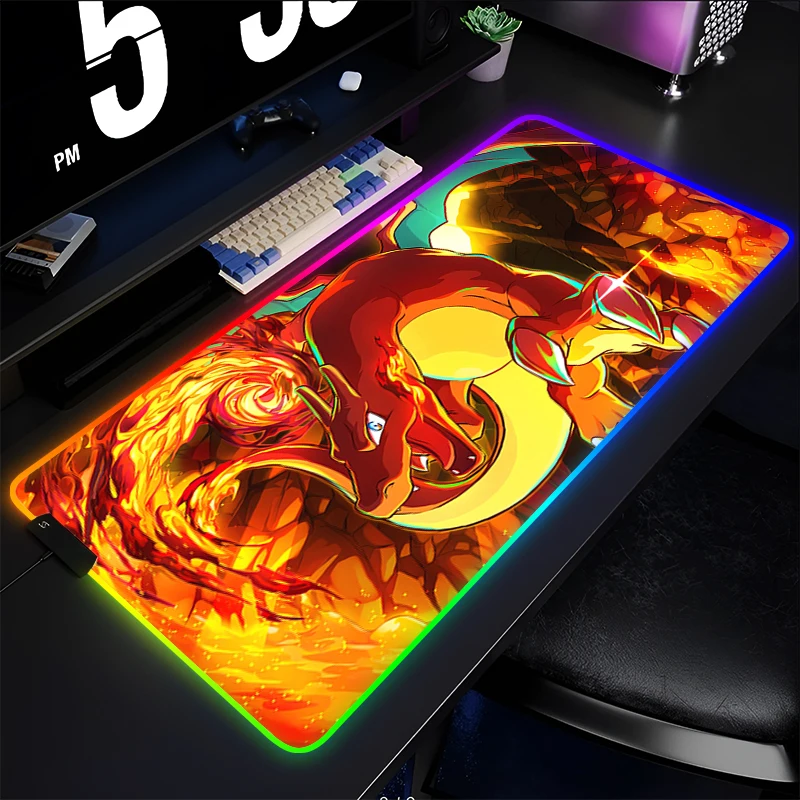 LED Mouse Pad Gamers Decoracion Gamer Desk Mat Exquisite RGB Mousepad Rubber P-Pokemon Charizard Gaming Backlight Keyboard Mat photo 1