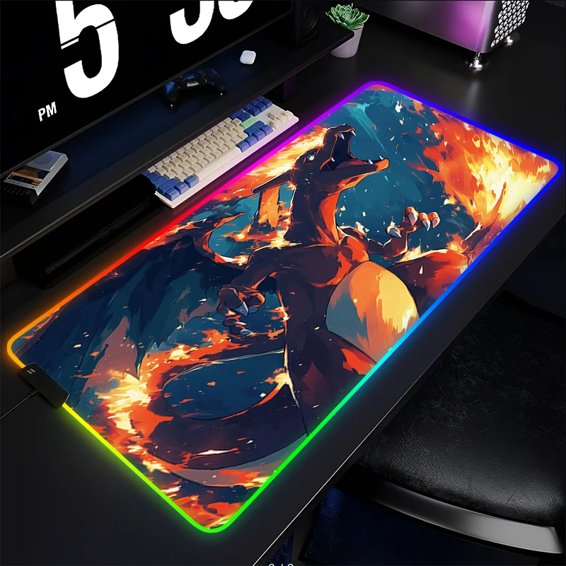 LED Mouse Pad Gamers Decoracion Gamer Desk Mat Exquisite RGB Mousepad Rubber P-Pokemon Charizard Gaming Backlight Keyboard Mat photo 5