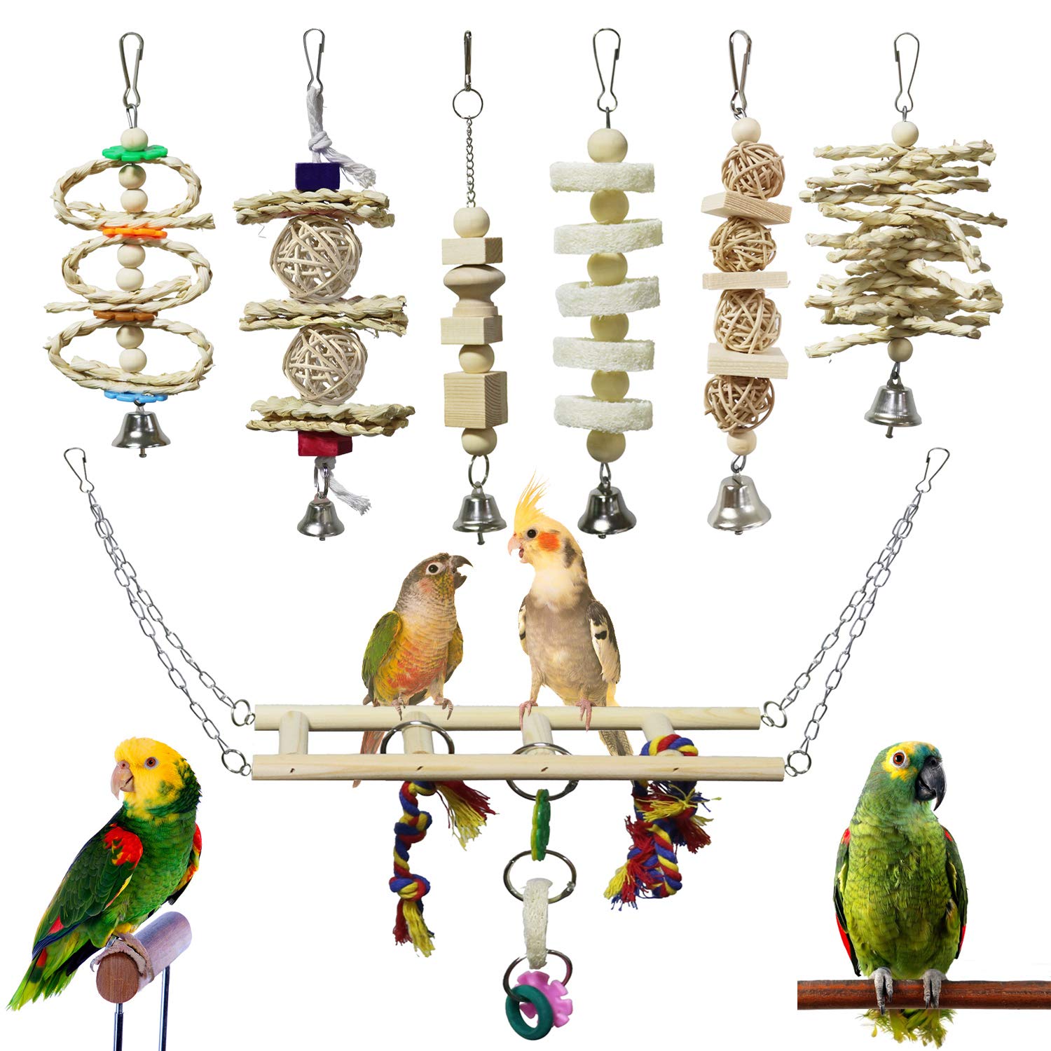 7 Pack Bird & Parrot Toys, Bird Cage Toys For Conures, Wood Chew Set Natural Wood, Bird Toys & Conure Toys, Climbing & Hanging Play, Hammock Rest, Corn Leaves & Luffa, Parakeets & Cockatiels photo 1