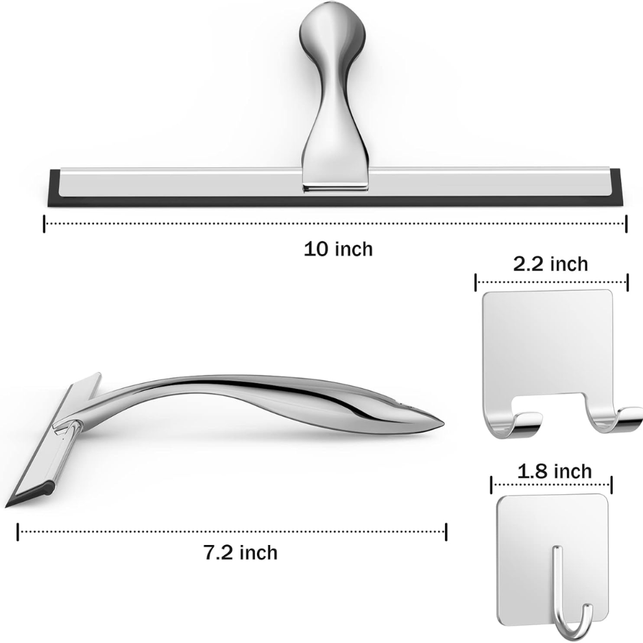 Stainless Steel Shower Squeegee 10 Inch With 2 Adhesive Hooks, Silver Glass Cleaner For Shower, Windows, Mirrors, Tile And Car photo 2