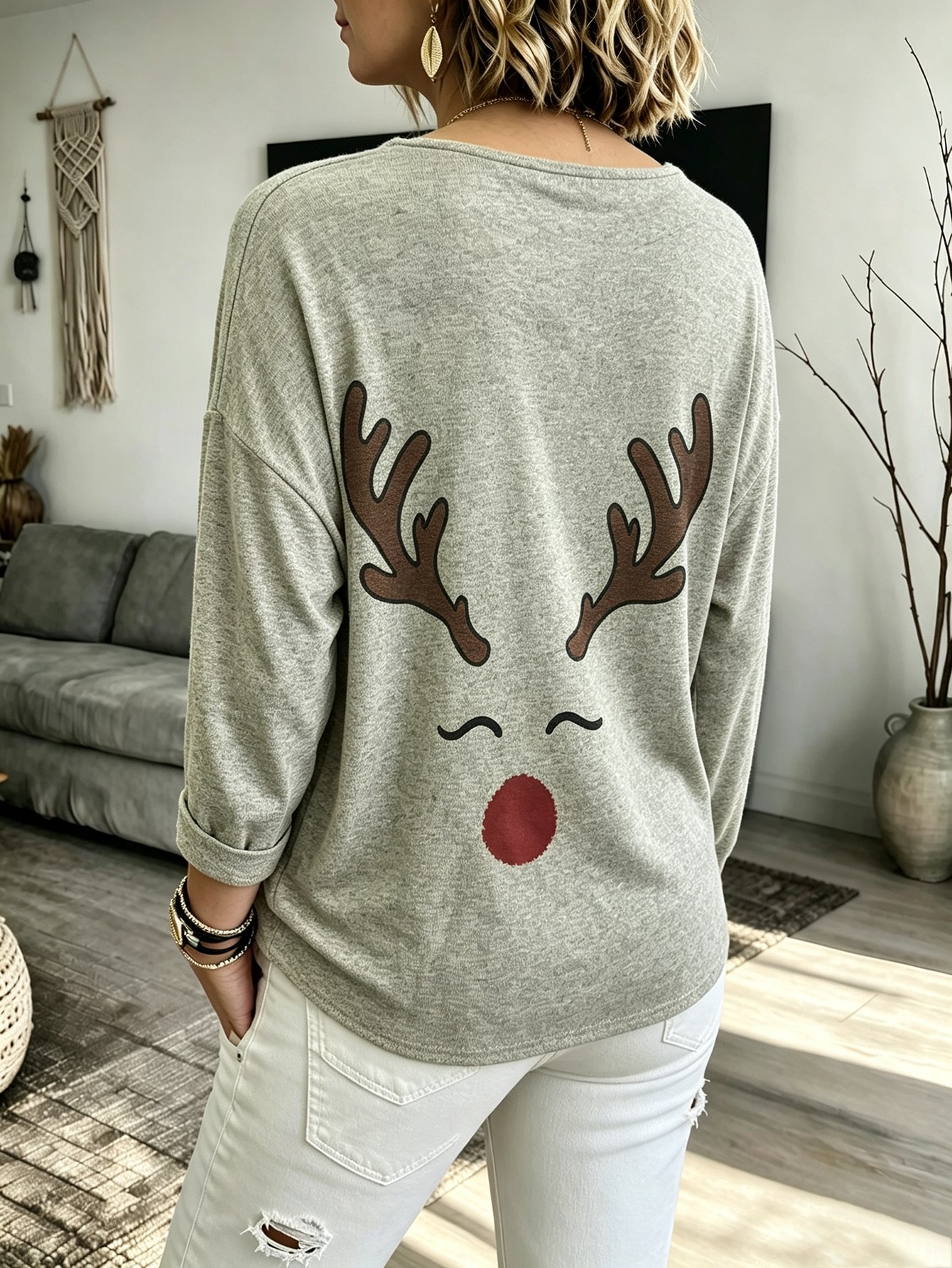 Women's Christmas Reindeer Print Sweatshirt Long Sleeve Crew Neck Casual Holiday Pullover Top photo 5