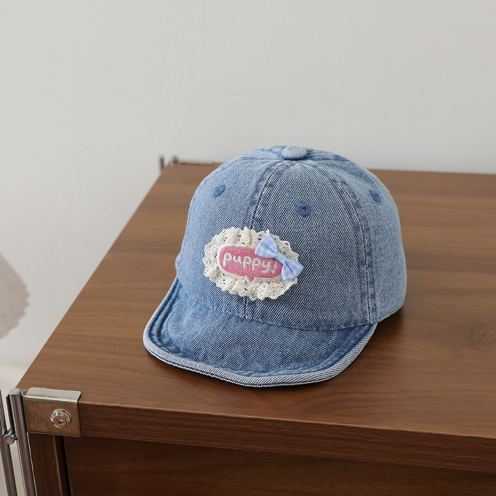 Sweet Style Patchwork Lettered Lace Edging Denim Kids Baseball Cap Washed And Antique Soft Brim Bow Tie Hat photo 3