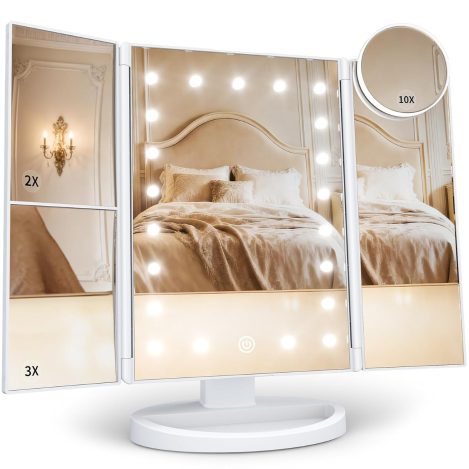 Magnifying Vanity Mirror With Light, Trifold Makeup Mirror Touch Dimming, Dual Power, Clear View For Makeup, Skincare. Dorm Room photo 1