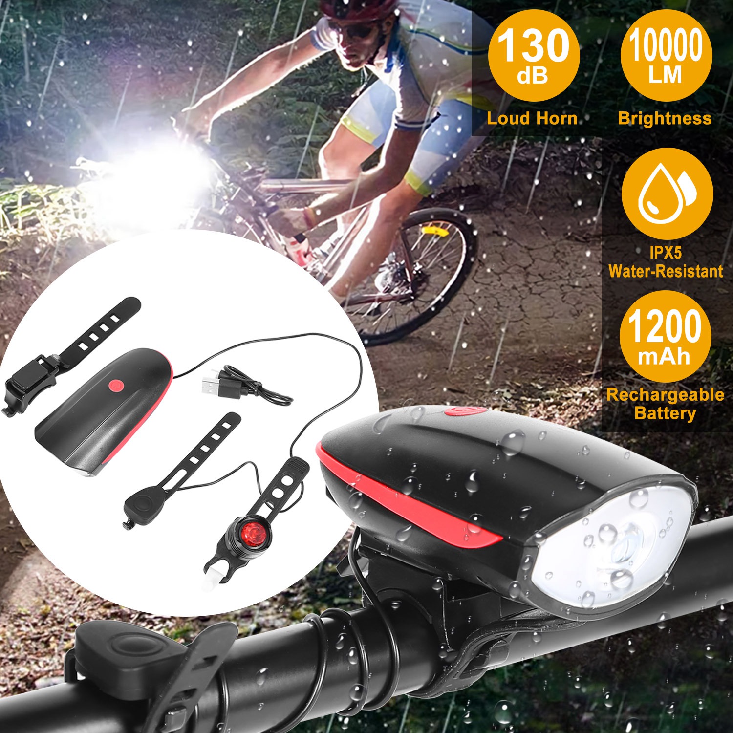 Bike Headlight USB Rechargeable LED Bicycle Front Light Rear Tail Light With 130dB Loud Horn photo 1