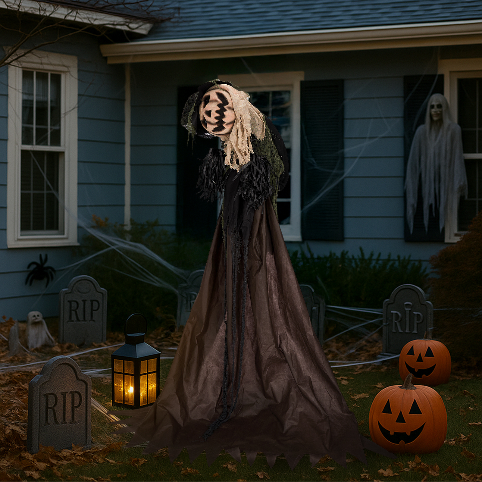 5.7ft Halloween Decorations Outdoor Life Size Animatronics Wizard With Pumpkin Face,Sound-Actived Party Decor With Creepy Sound ,Scary Haunted House Props For Garden Yard Lawn photo 3
