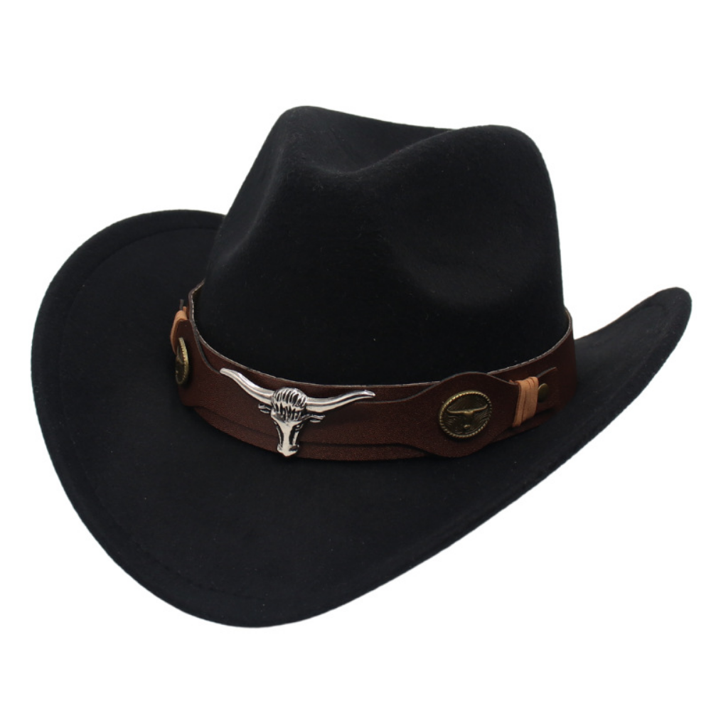 National Style Bull Head Decoration Western Cowboy Hat Retro Fashionable Belt Buckle Wide Brimmed Felt Hat For Outdoor Camping, Travel Photography, Outfit. Hat photo 2