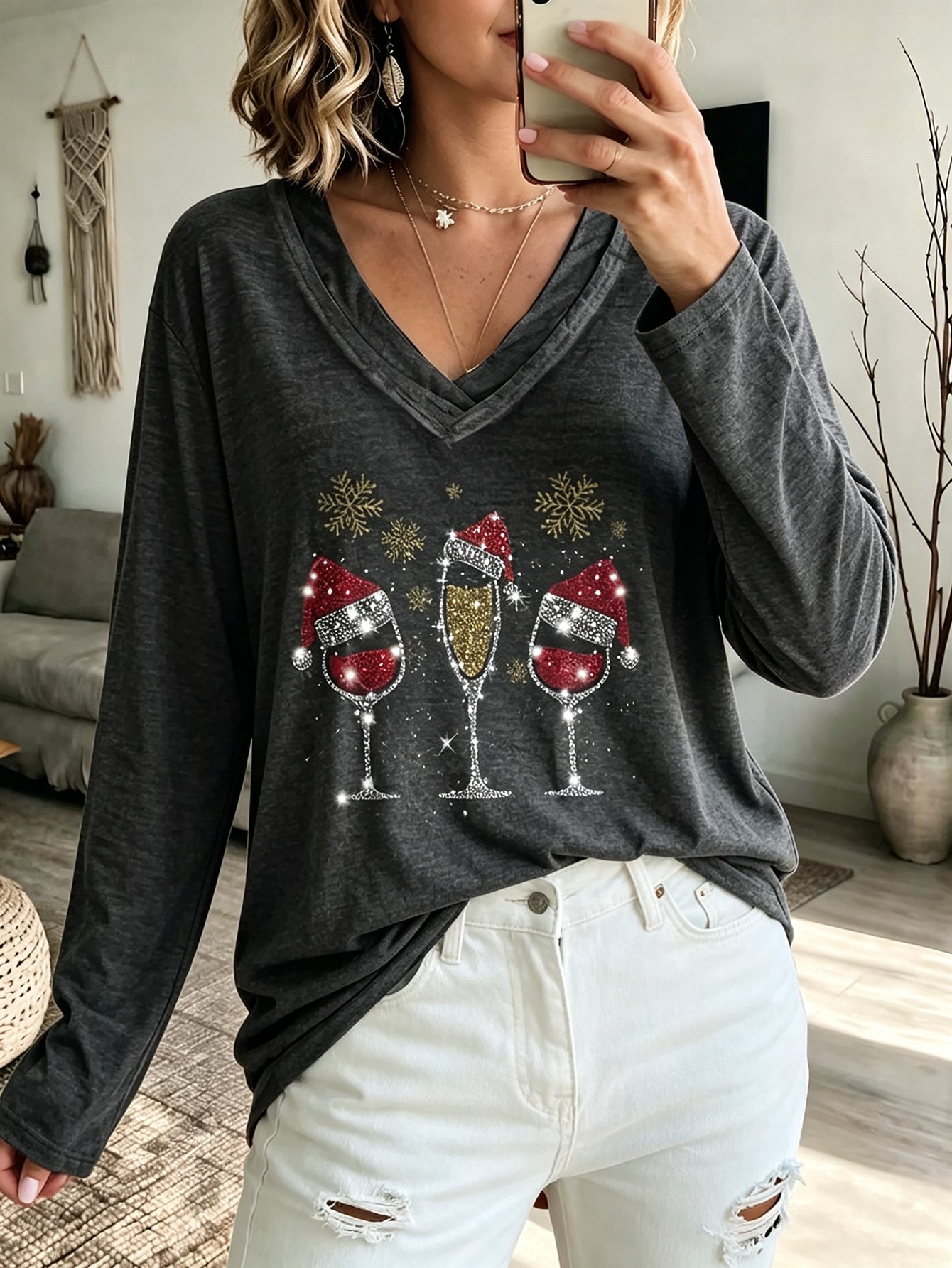 Plus Size Women Christmas Wine Glass Print Tunic Top V Neck Layered Long Sleeve T-Shirt photo 5