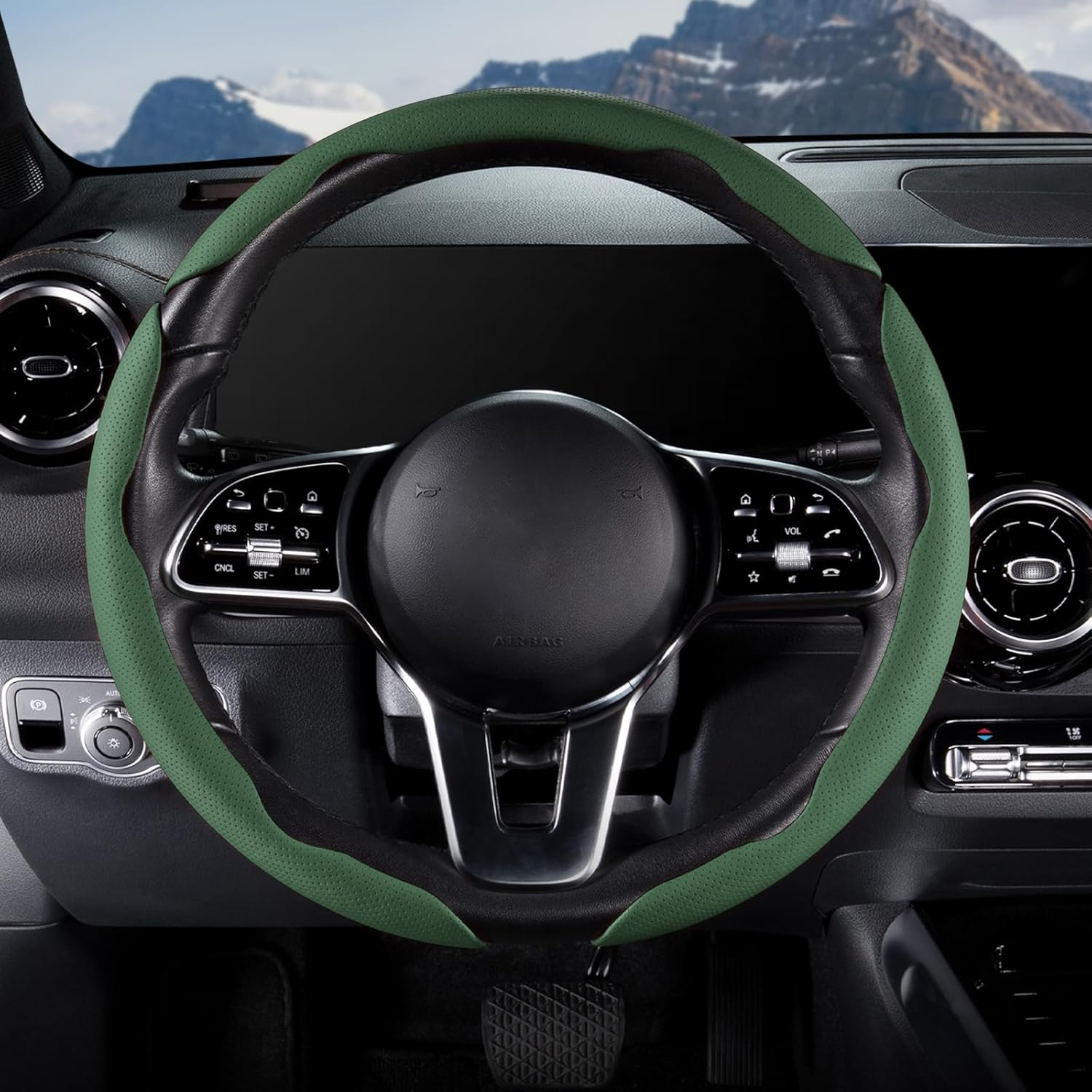 Car Steering Wheel Cover Leather Snap On 3Pcs Set Non-Slip Protector Wrap Steering Wheel Accessories  Universal Green photo 2