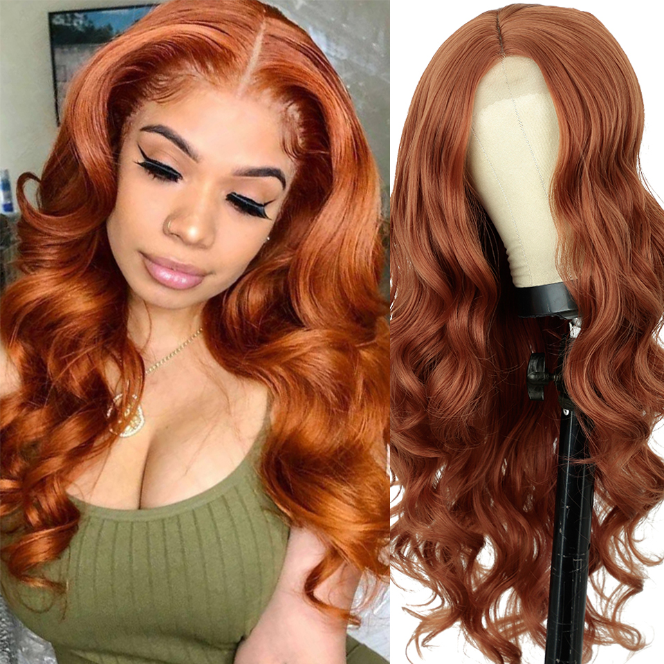 Women's Orange Medium Wavy Curly Synthetic Fiber Wig Head Cover photo 2