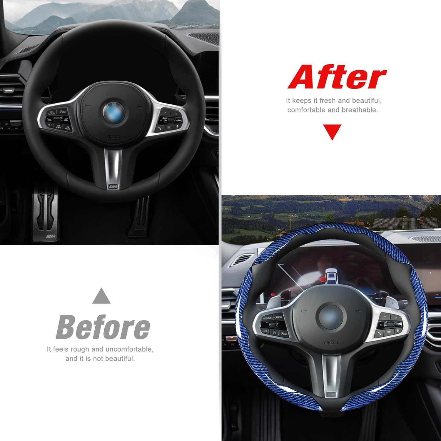 Carbon Fiber Steering Wheel Covers 3 Piece Clip On Steering Wheel Cover -Blue photo 2