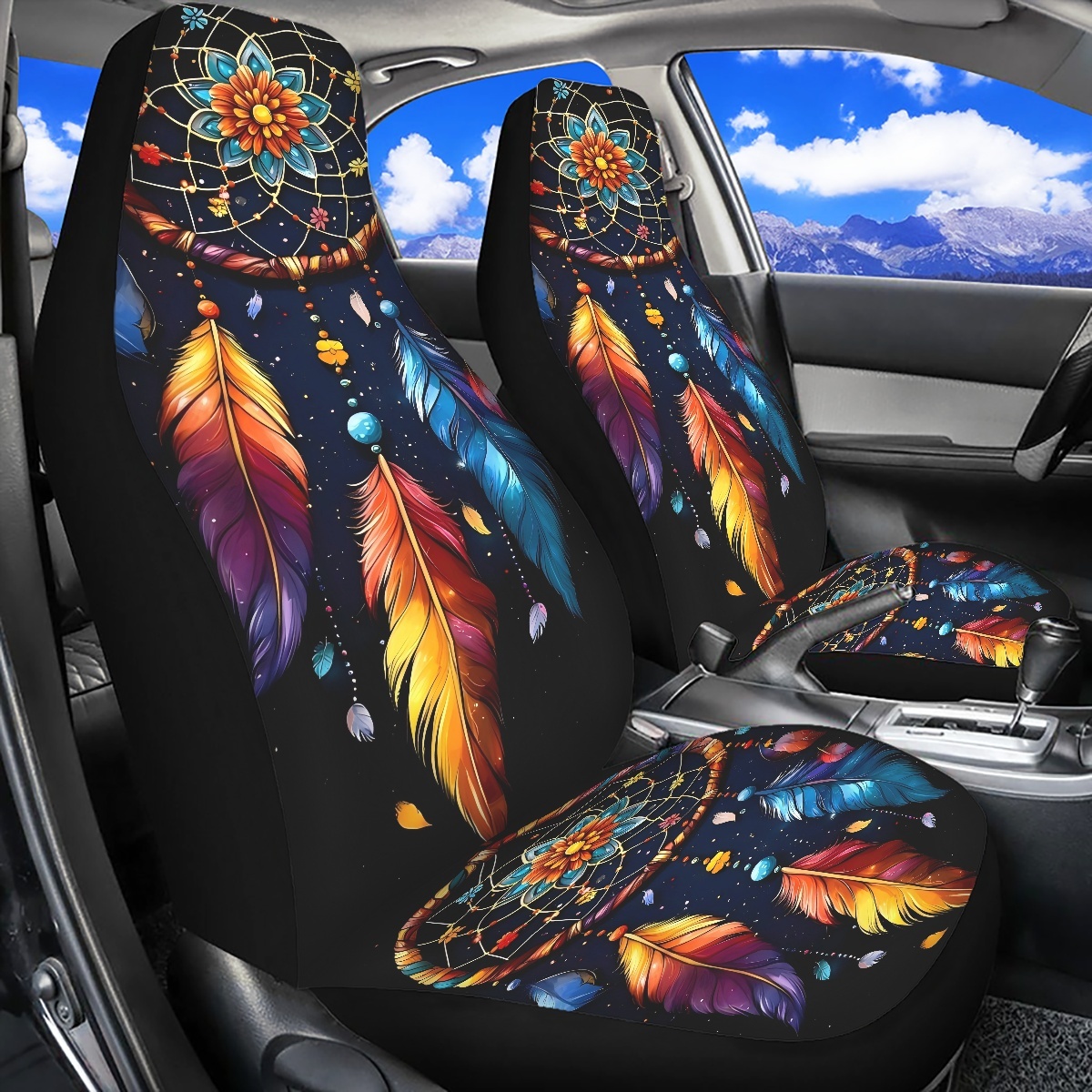 2 Front Car Seat Covers, Digitally Printed With Feather Patterns, Thin, Suitable For All Seasons, Fashionable Car Seat Covers photo 2