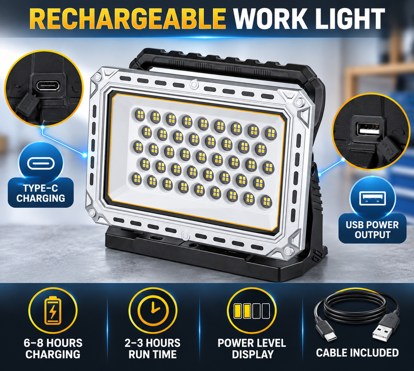 Rechargeable Battery Display Type C LED Work Light For W8141 5 2500LM SMD 2835 Flood photo 4