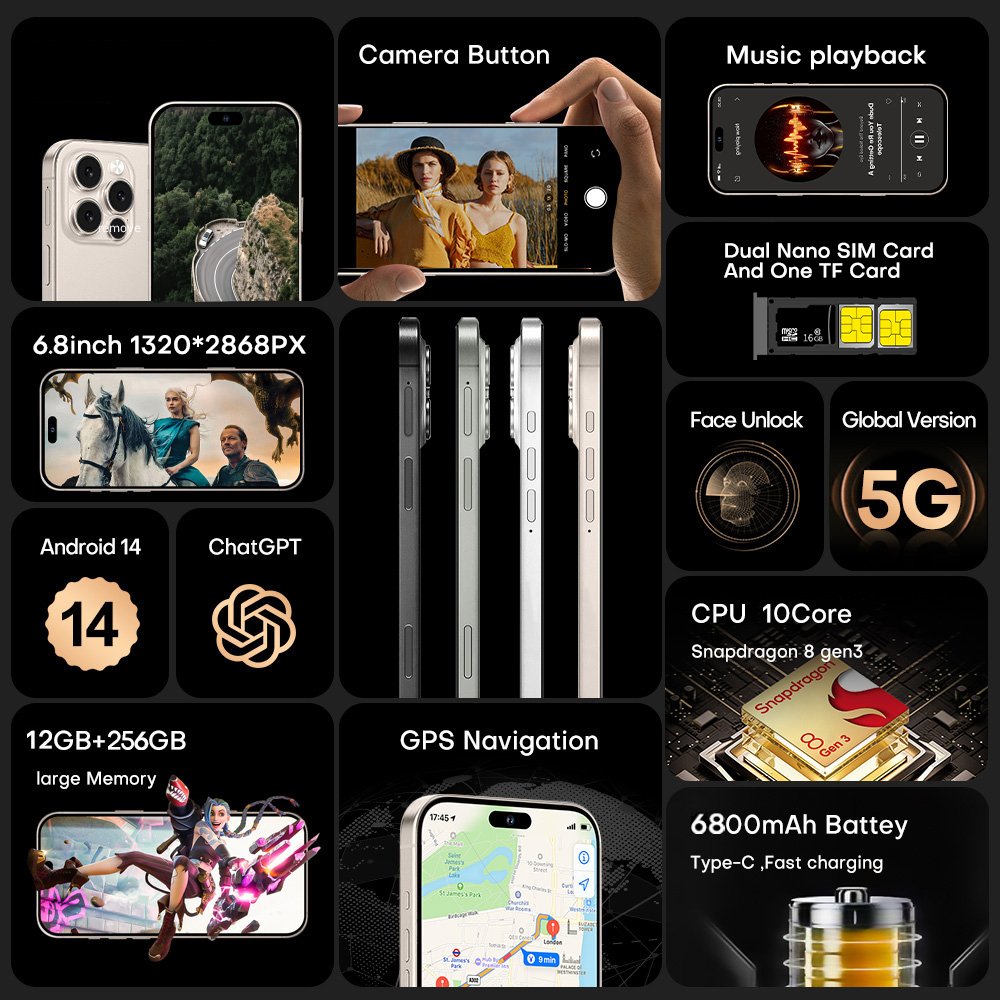 16 Pro Max Unlocked Phone 12GB 256GB Smartphone Android 14  Phone,6800mAh Battery 5G Dual SIM Dual Standby photo 2