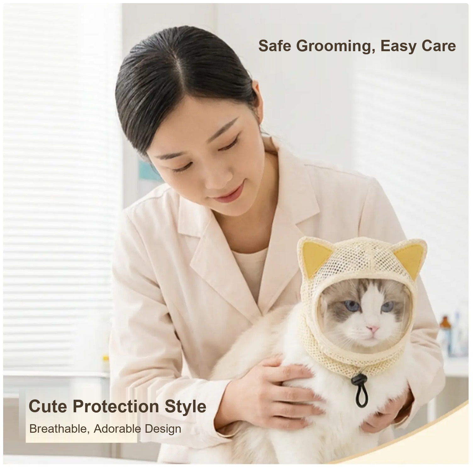 Cat Muzzle With Cute Cat Ears, Breathable Mesh Cat Hood For Grooming, Anti-Bite Anti-Scratch Cat Face Cover, Adjustable Drawstring Cat Neck Cover For Nail Trimming, Bathing & Vet Visits photo 6