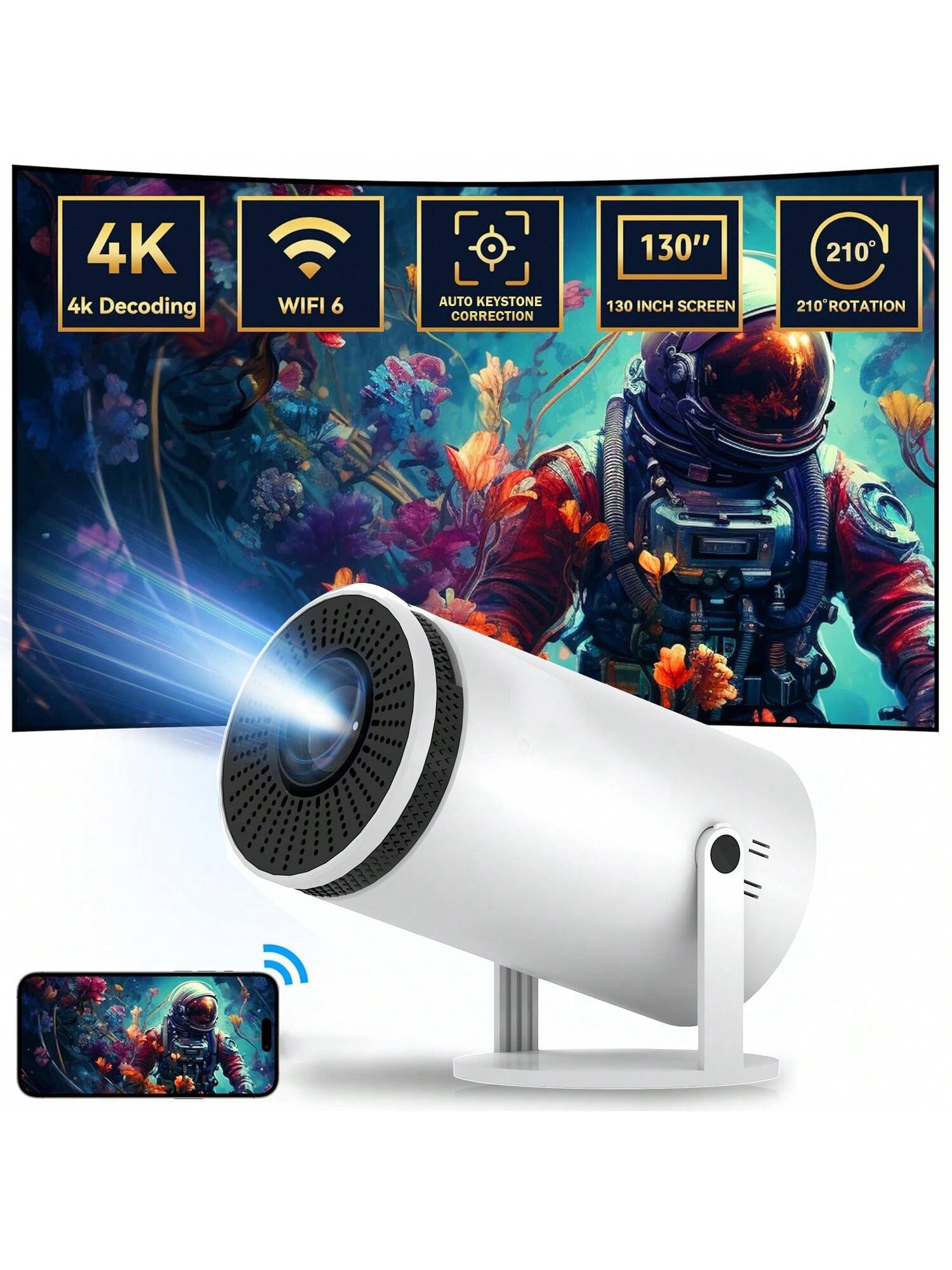Smart Portable  Theater Projector With Trapezoidal Image Correction,  Wifi 6 Support, Android 12 And Multiple Ports, Mini Size For Phone And Laptop photo 1