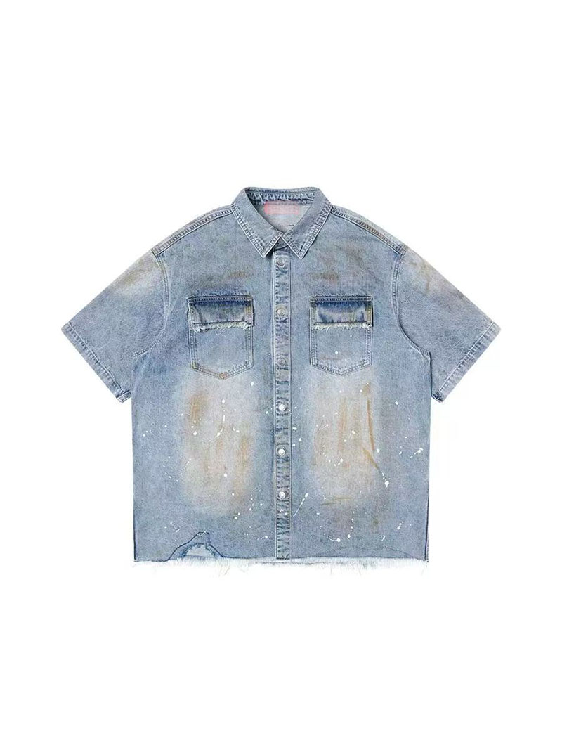 Oversized Denim Shirt Men Vintage Distressed Short Sleeve Streetwear Jean Top Ready To Ship From US photo 2