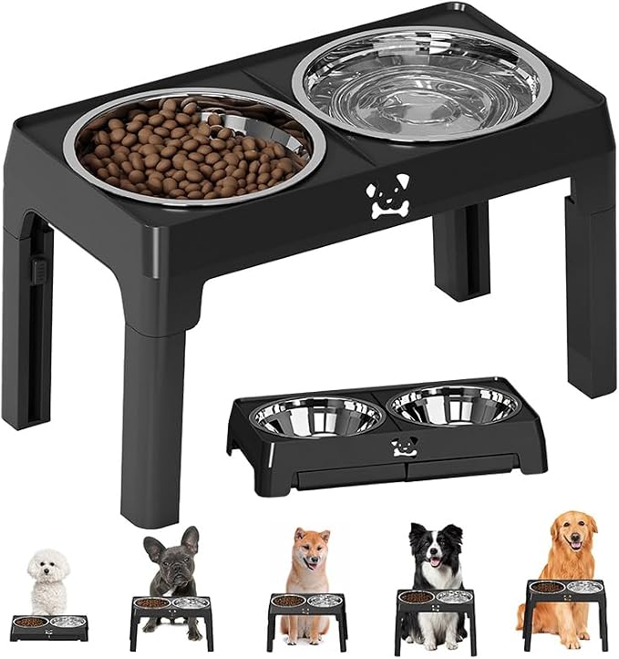 Elevated Dog Bowl 2 Stainless Steel Bowls, 5 Height Adjustable Stands Pet Medium And Large Dog Bowl Improves Digestion And Neck Support, Easy To Clean photo 1