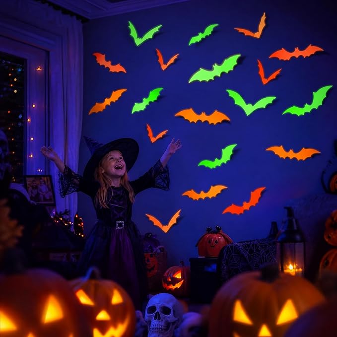 60-Piece 3D Glow-in-the-Dark Halloween Bat Wall Decals Flying Bat Stickers For Spooky Decor photo 2