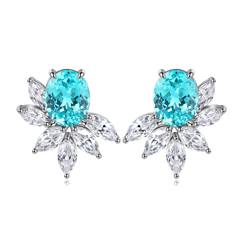 S925 Silver 7.3g Lab Created Gemstone Earrings, 10x8mm Multi-Color Flower Studs, Ruby Sapphire Emerald Paraiba photo 5