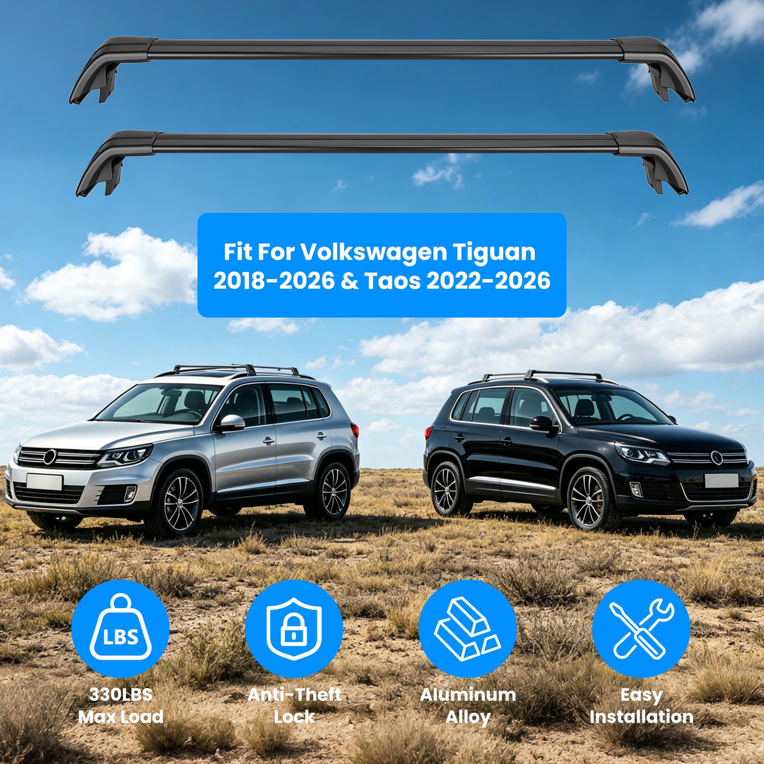 Roof Rack Cross Bars Fit For Tiguan 2018-2026 & Taos 2022-2026 With Factory Raised Side Rails Lockable Aluminum Roof Cargo Carrier Bars 330lbs Max Load For Luggage Kayaks Bikes photo 1