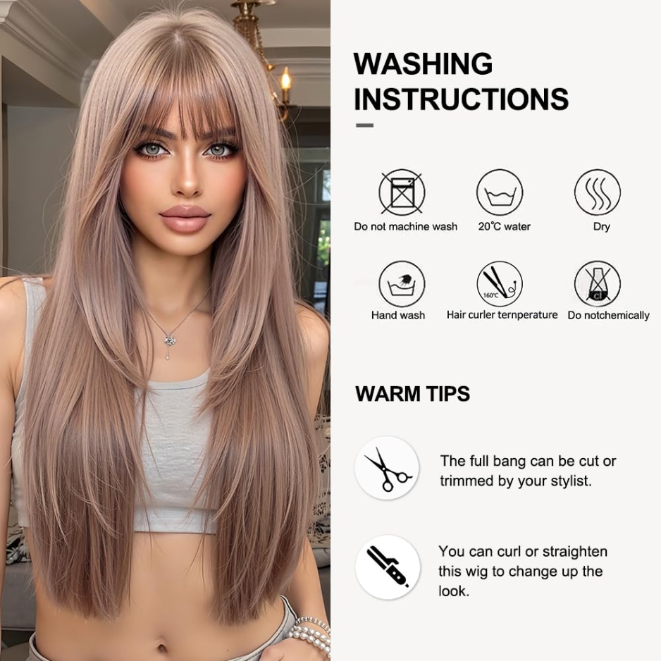 Blonde Wigs For Women With Bangs Long Natural Straight Synthetic Hair Heat Resistant Wigs For Daily Party Cosplay Wear photo 4