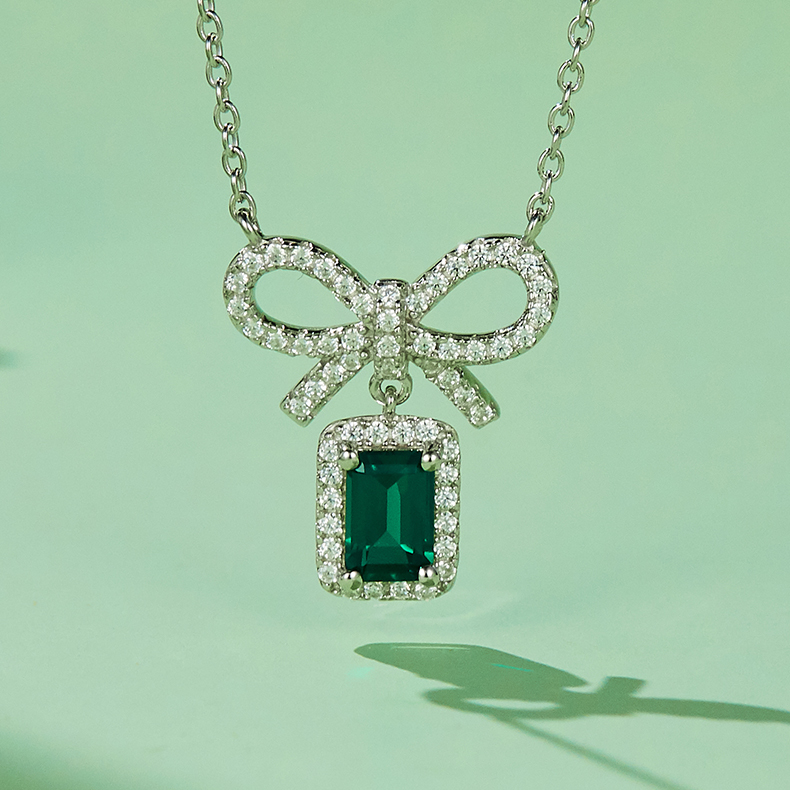 S925 Silver 2.6g Lab-Created Emerald Bow Necklace, 0.5ct Gem, 40&5cm photo 3