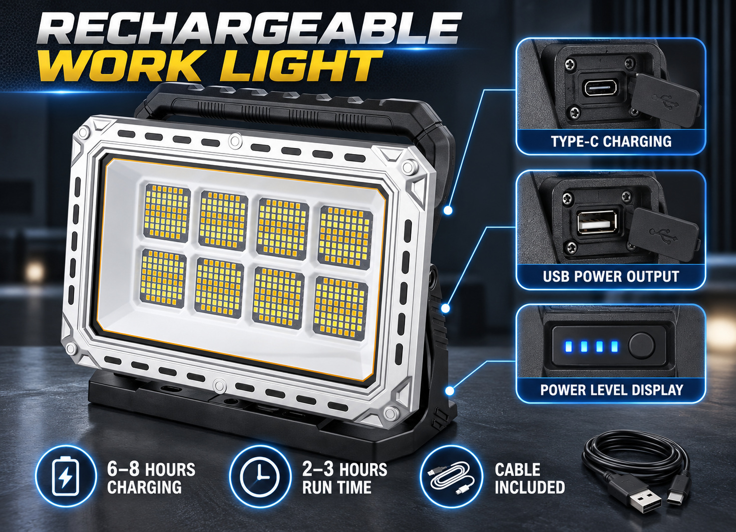 Rechargeable Battery Display Type C LED Work Light For W8141 2 4000LM Flood Adjustable Stand photo 7