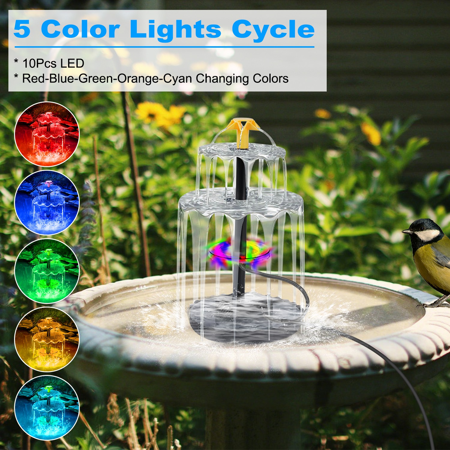 1Pc 3Tier Solar Bird Bath Fountain Solar Powered Water Fountain Waterfall Feature With Colorful Light 3 Nozzles 6W Solar Panel For Bird Bath Patio Yard Pond Garden photo 1