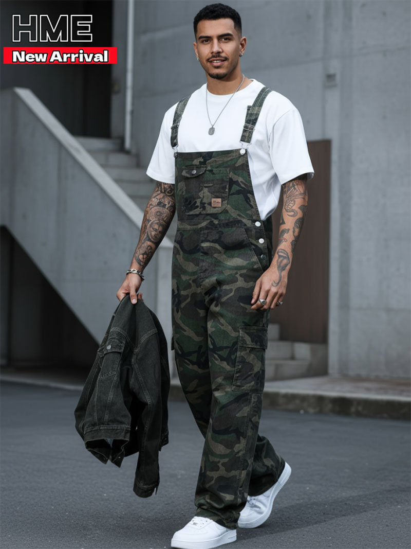 Men's Camo Bib Overalls Loose Fit Cargo Workwear Jumpsuit Multi Pocket Streetwear US Ready Stock photo 3