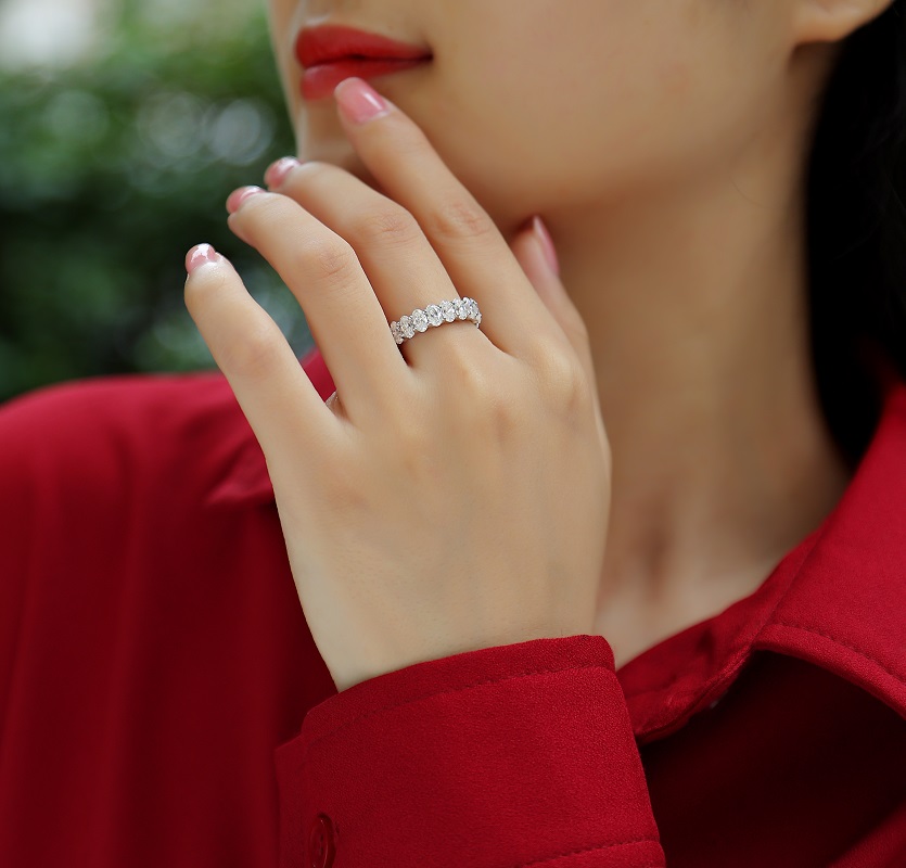 S925 Silver 6.0g Platinum Plated Moissanite Ring, 5x3mm 20pcs D VVS1 Eternity Band, GRA Certified US 5-9 photo 6