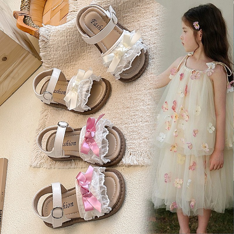 2026 Spring Summer Ins Kids Sandals, Korean Style Girls Flat Princess Shoes With Bow & Mesh Lace Trim photo 1