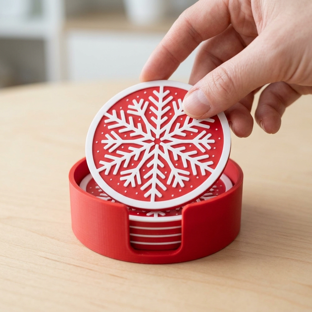 3D Printed Christmas Snowflake Coaster Set With Storage Holder, Holiday Drink Coasters For Home Table Decor photo 2