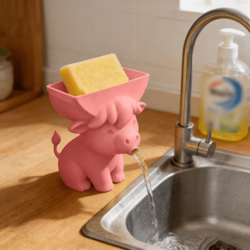 Cute Cow Sponge Holder, Kitchen Sink Organizer With Drain Spout, Animal Shaped Sponge Storage Rack For Countertop photo 4