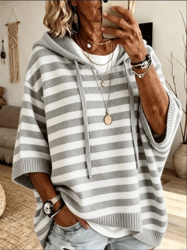 Women's Striped Hooded Knit Pullover - Loose Plus Size 3-4 Sleeve Drawstring Casual Outer Top photo 4