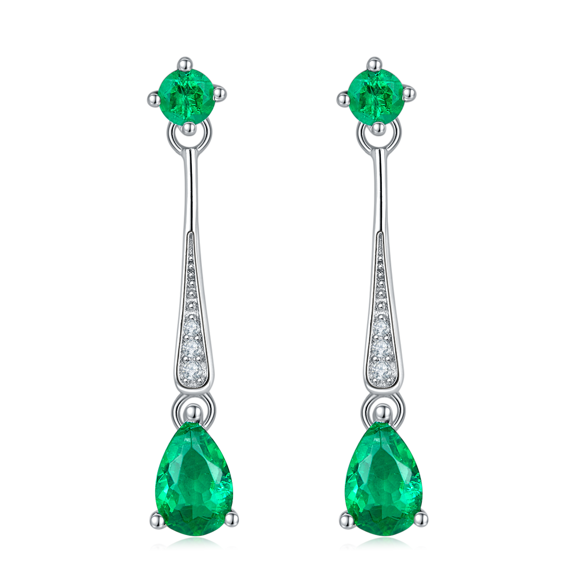 S925 Silver 1.7g Lab-Created Emerald Drop Earrings, 0.5ct 6x4mm Pear & Round, Pair photo 1