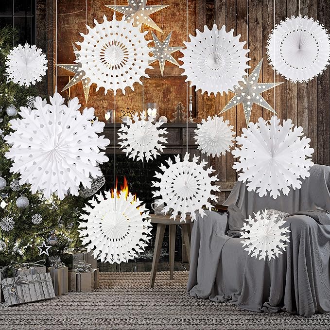 16-Piece White Paper Snowflake Decorations Assorted Sizes For Christmas, Winter Wedding And Party Decor photo 1