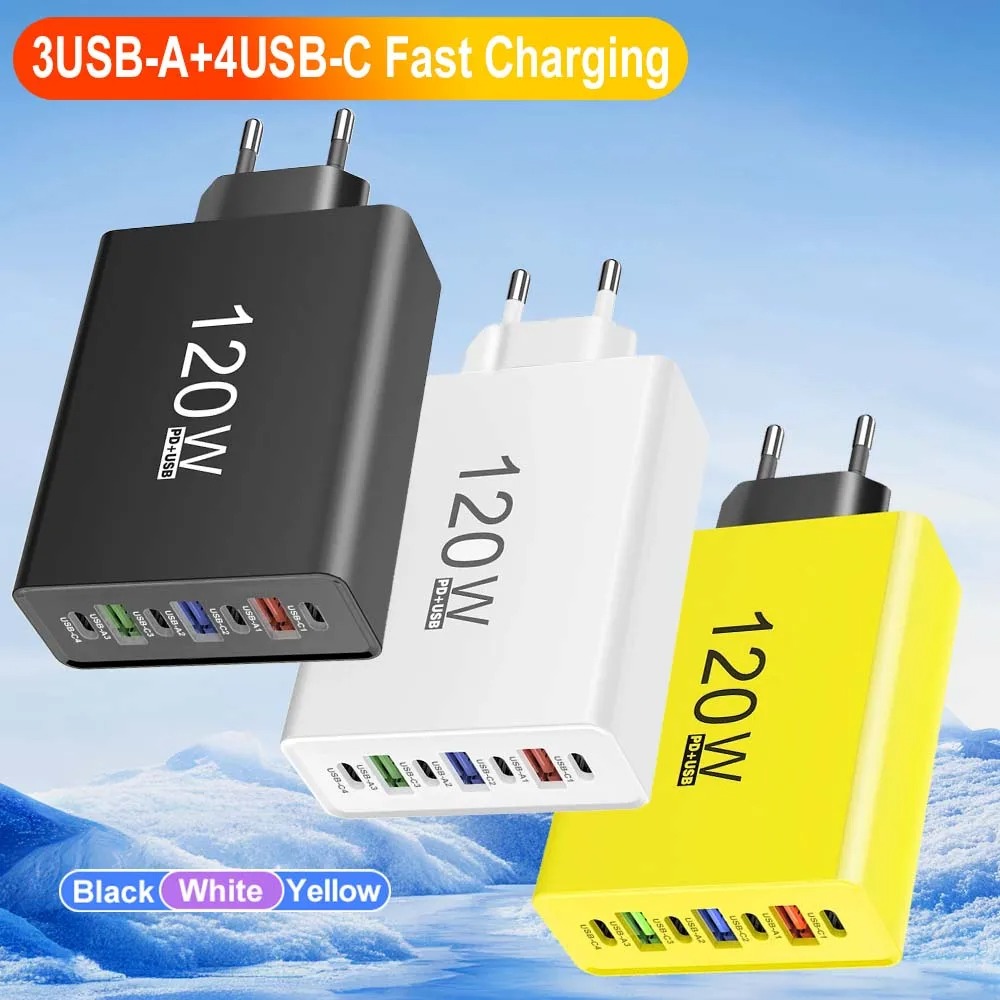 USB-C Charger, 120W Total Power, Multi-port Fast Charging, Type-C Interface, Compatible With IPhone, Samsung, Huawei, And Other Mobile Phones, European Standard Plug, Wall Charger. photo 1