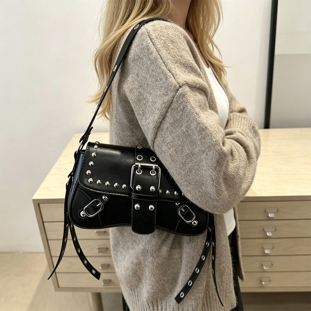 Underarm Bag For Women, Retro Faux Leather Shoulder Bag With Studs & Buckles, Handbag For Daily Party Streetwear photo 6