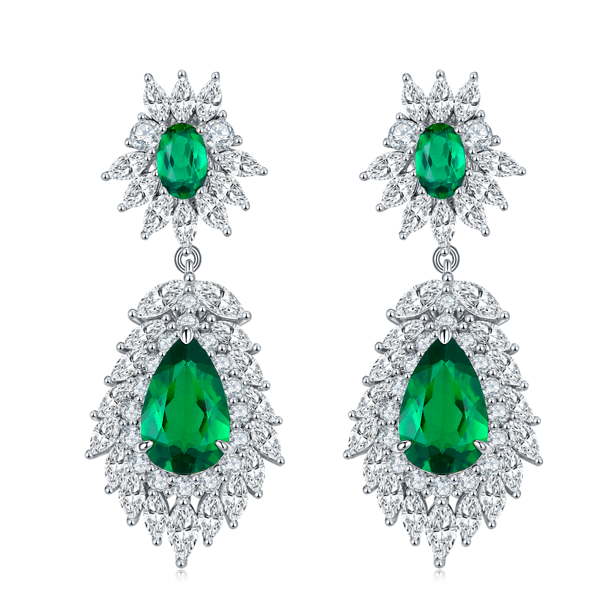 S925 Silver 8.8g 4.12ct Lab-Created Emerald Drop Earrings, 11x7mm & 6x4mm, Pair photo 1
