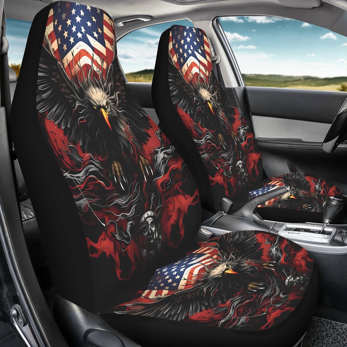 2 Front Car Seat Covers, Digitally Printed With An Eagle Pattern, Thin, Suitable For All Seasons, Fashionable Car Seat Covers photo 7