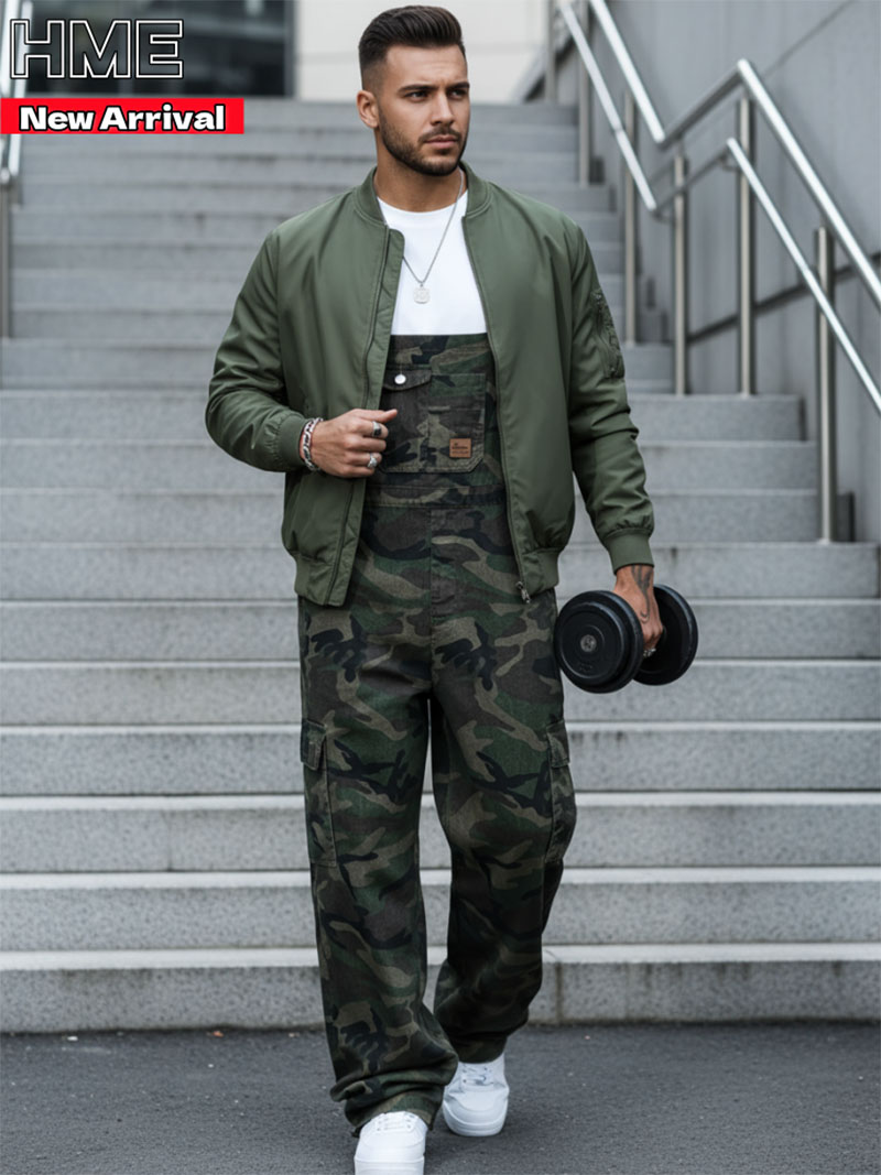Men's Camo Bib Overalls Loose Fit Cargo Workwear Jumpsuit Multi Pocket Streetwear US Ready Stock photo 2