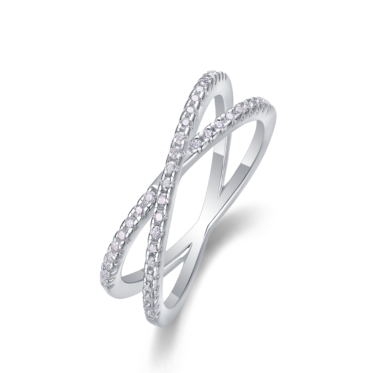 S925 Silver 3.1g Platinum Plated Moissanite Criss Cross Ring, 41x 1.1mm D VVS1 X Band, GRA Certified US 5-9 photo 1