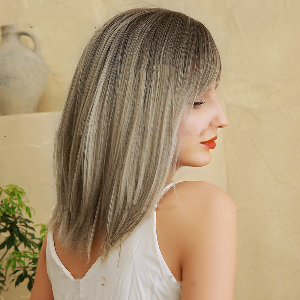 Wig, Eight-character Bangs, Gradient Golden High-grade Gray Medium Straight Hair photo 4